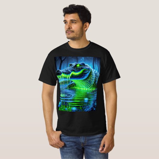 Un T-shirt de crocodile bioluminescent en néon. (Devant entier)