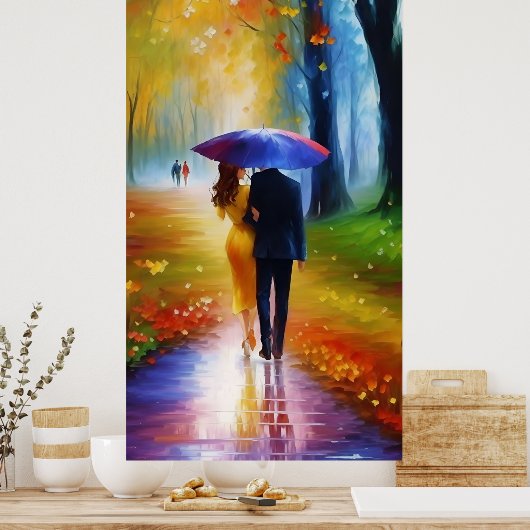 un tableau d'un couple marchant sous la pluie (Cuisine)