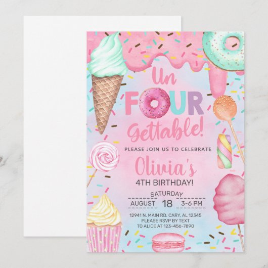 Un-vier-gettable snoepjes meisje 4e verjaardag uit kaart (Voorkant / Achterkant)