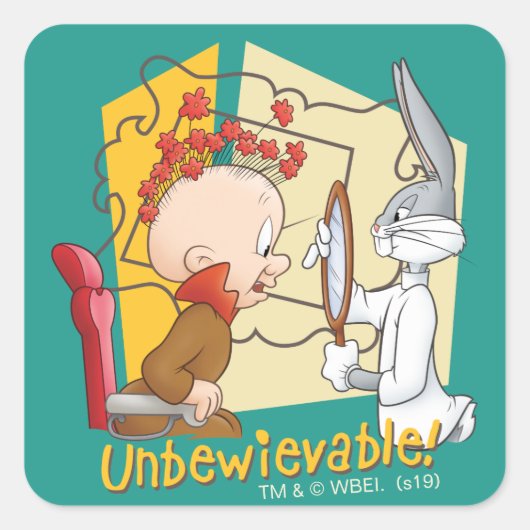 "Unbewievable" Barber BUGS BUNNY™ & Elmer Fudd Vierkante Sticker (Voorkant)