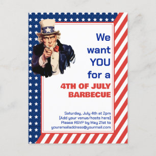 Uncle Sam 4TH OF JULI BBQ BARBECUE uitnodiging