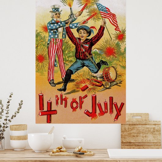 Uncle Sam Fireworks Child  op 4 juli Poster (Keuken)