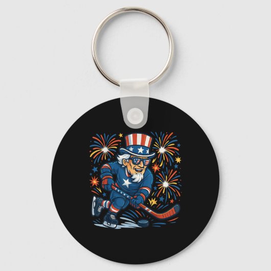 Uncle Sam hockeyspeler 4th of July Patriottische M Sleutelhanger (Voorkant)