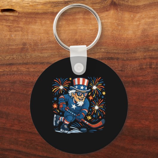 Uncle Sam hockeyspeler 4th of July Patriottische M Sleutelhanger (Voorkant)