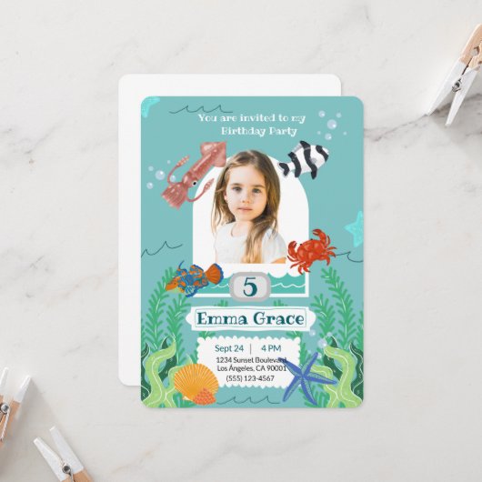Under the Sea 5th Birthday Invitation with Photo  Kaart (Voorkant / Achterkant in situ)