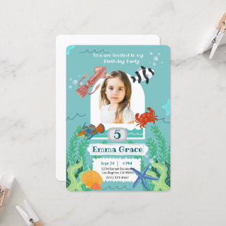 Under the Sea 5th Birthday Invitation with Photo  Kaart