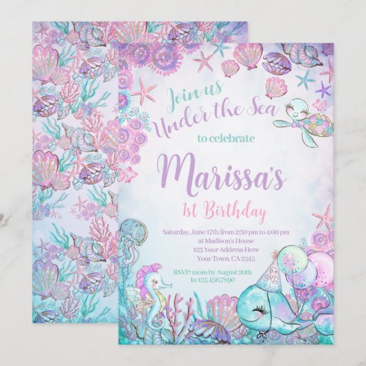 Under the Sea Animals Birthday Invitation Kaart (Voorkant / Achterkant)