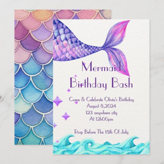 UNDER THE SEA BIRTHDAY INVITATION FOR GIRLS (Devant / Derrière)