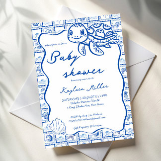 Under the sea cute turtle blue baby shower kaart