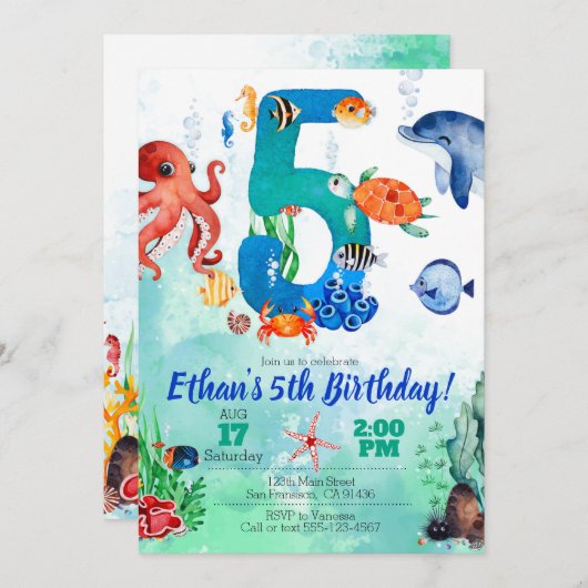 Under the Sea Invitation for 5th Birthday (Devant / Derrière)