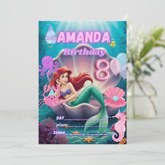 Under the sea Mermaid Invitation Kaart (Staand voorkant)