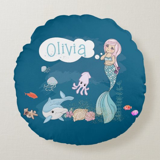 Under the Sea Sweet Mermaid Personalized Rond Kussen (Voorkant)