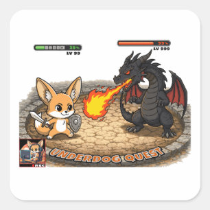Underdog Quest Fennec Vos RPG Strijd Draak Chibi Vierkante Sticker