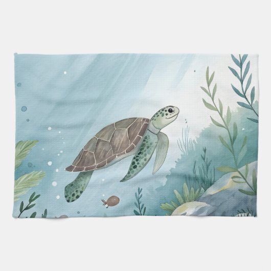 Underwater world with turtle theedoek (Horizontaal)