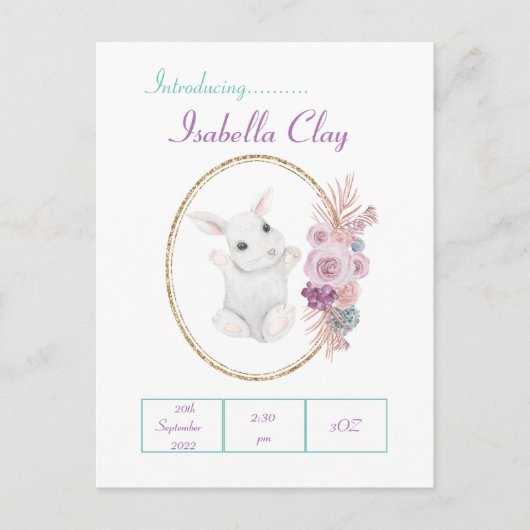 UNE CARTE POSTALE PERSONNALISÉE D'ANNONCE DE NAISS (Devant)