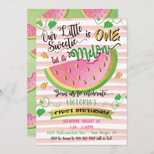 Une dans Melon première invitation de fête d'anniv (Devant / Derrière)