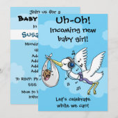 Une drôle de carte de baby shower de cigogne et de (Devant / Derrière)