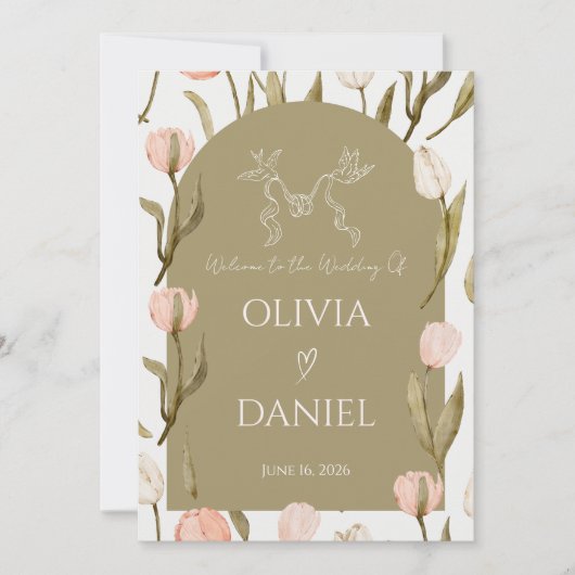 Une élégante invitation de mariage en vert olive (Devant)