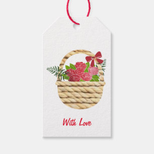 Une étiquette de cadeau d'un panier de roses rouge
