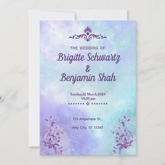 Une faire-part de mariage esthétique bleu violet (Devant)