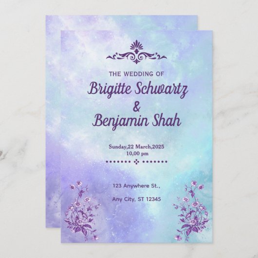 Une faire-part de mariage esthétique bleu violet (Devant / Derrière)