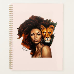 Une femme afro-américaine avec un lion majestueux