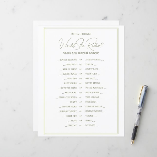 Une feuille de papier GAME pour une douche nuptial (Devant/Arrière en situation)