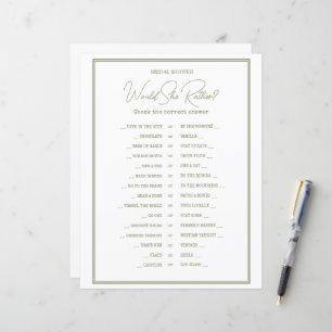 Une feuille de papier GAME pour une douche nuptial