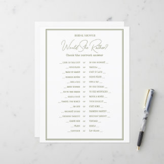 Une feuille de papier GAME pour une douche nuptial