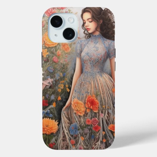 Une fille et plein de fleurs iPhone 15 Coque (Verso)
