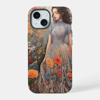 Une fille et plein de fleurs iPhone 15 Coque