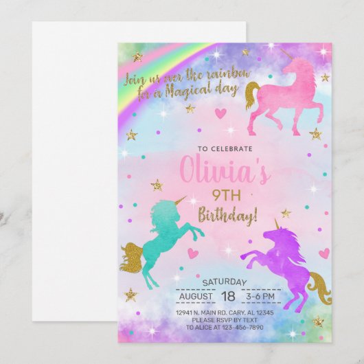 Une fille licorne l'aquarelle or invitation annive (Devant / Derrière)