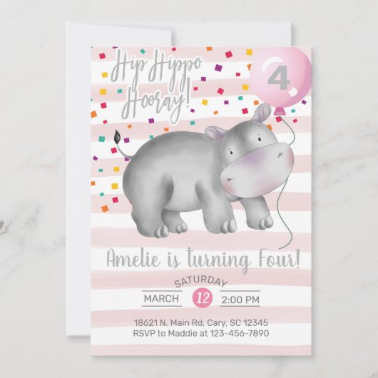 Une fille rose hippo invitation d'anniversaire, in (Devant)