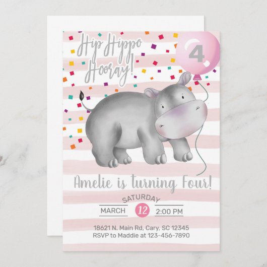 Une fille rose hippo invitation d'anniversaire, in (Devant / Derrière)