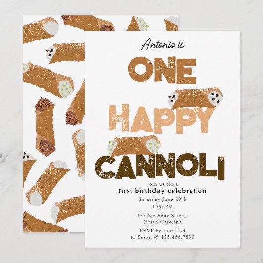 Une invitation cannoli heureuse pour un 1er annive (Devant / Derrière)