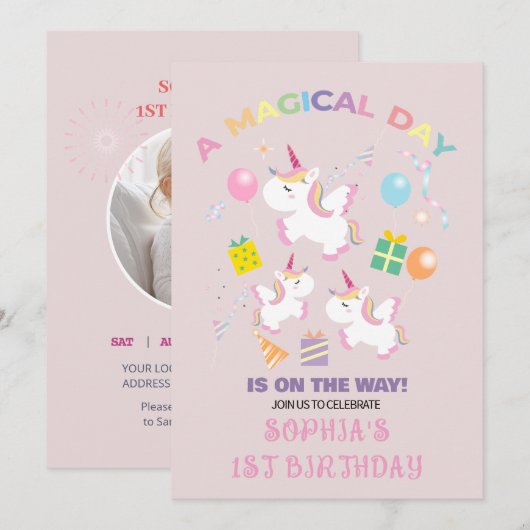 Une invitation d'anniversaire de licorne magique (Devant / Derrière)
