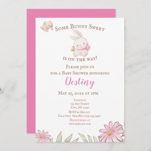 Une Invitation De Baby shower Rose Bunny  (Devant / Derrière)