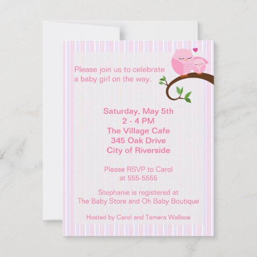 Une Invitation De Chouette Rose Baby shower (Dos)