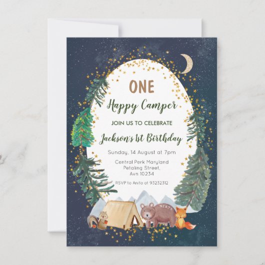 Une invitation de premier anniversaire de camping- (Devant)