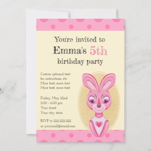 Une invitation mignonne de lapin rose pour une pet (Devant)