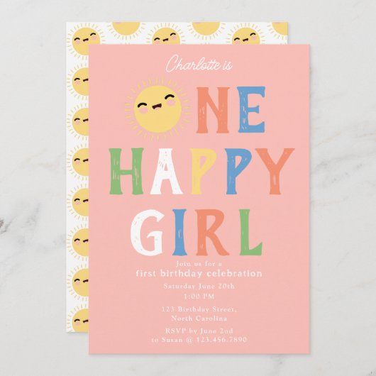 Une joyeuse fille Invitation d'anniversaire 1er An (Devant / Derrière)