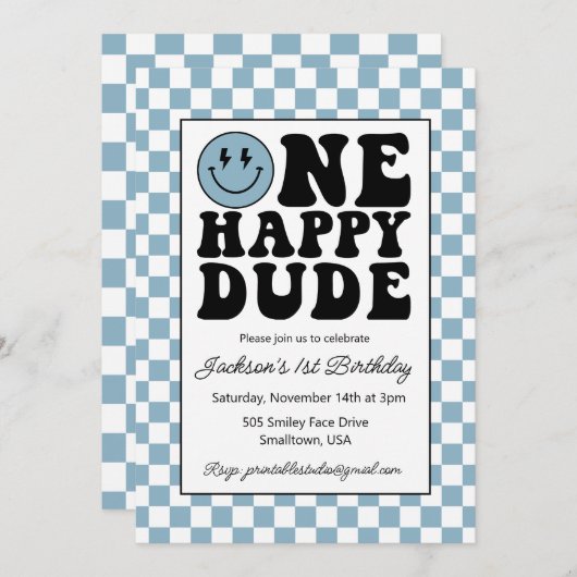 Une joyeuse invitation d'anniversaire en bleu (Devant / Derrière)