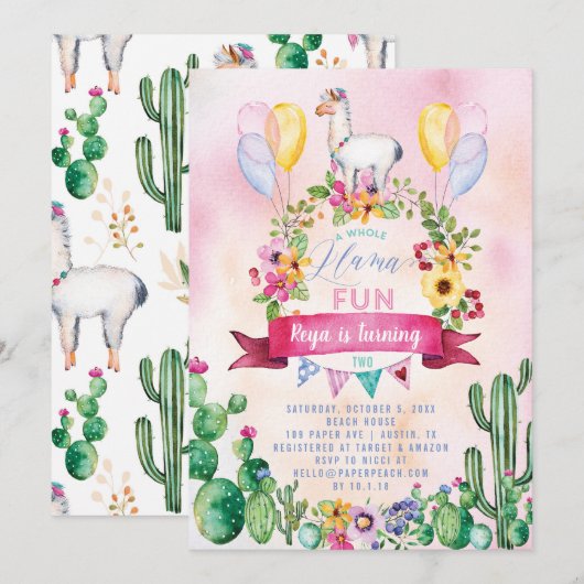 Une Llama Amusante Invitation de fête d'anniversai (Devant / Derrière)