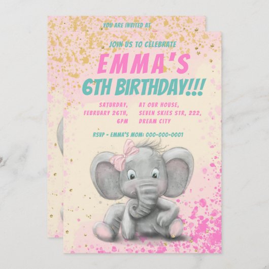 Une mignonne invitation à une fille d'éléphant (Devant / Derrière)