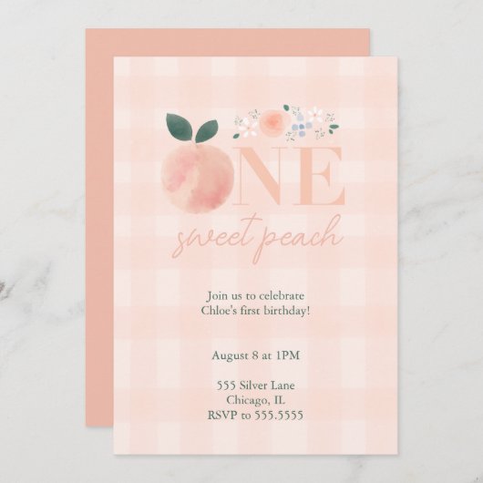 Une Pêche Douce Première Invitation Anniversaire (Devant / Derrière)