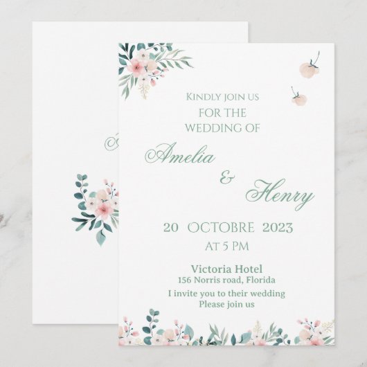 Une simple carte d'invitation de mariage à l'aquar (Devant / Derrière)