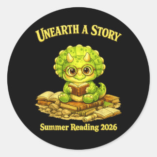 Unearth a Story Triceratops Dinosaur Reading Books Ronde Sticker