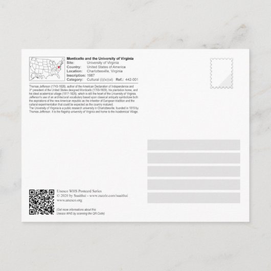 UNESCO - University of Virginia in Charlottesville Briefkaart (Achterkant)