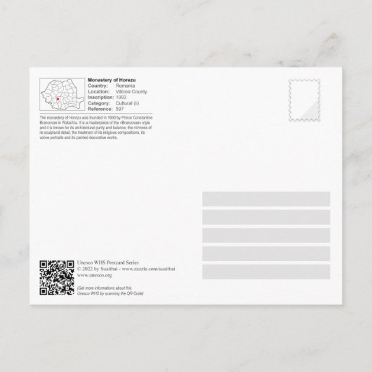 UNESCO WHS - Monastery of Horezu Postcard Briefkaart (Achterkant)