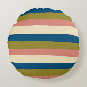 Uneven Stripes - Blauw, Olijfgroen, Roze en Cream Rond Kussen